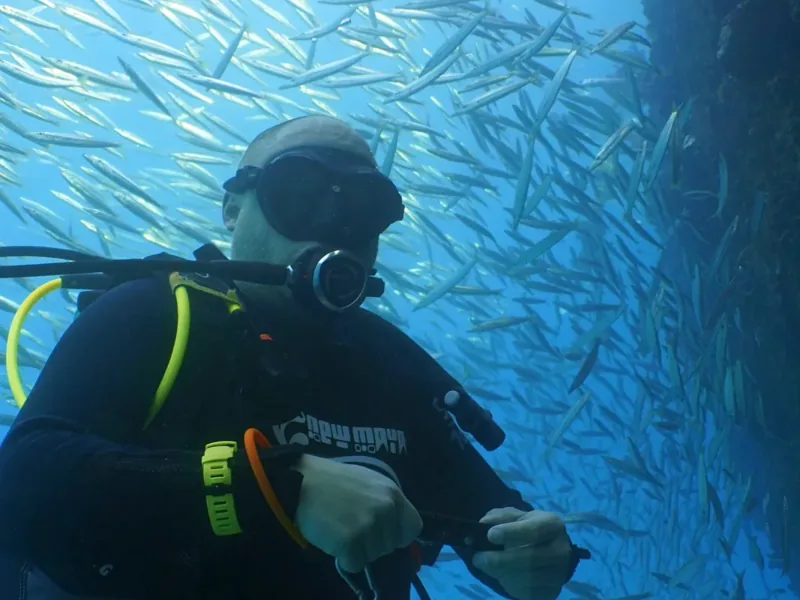 Holger Thomann vor einem großen Fischschwarm